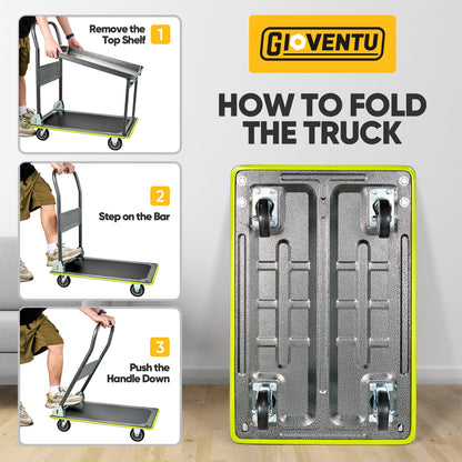 Heavy Duty Push Cart Dolly (700 lbs), Foldable Platform Hand Truck Made with High-Strength Steel, 2 Tier Design, Moving Flatbed Cart with Wheels for Warehouse, Garage, Workshop, Office