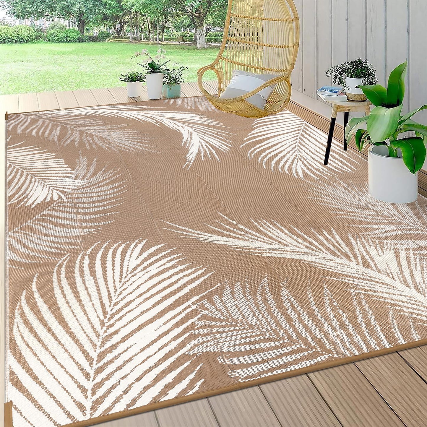 Pauwer Waterproof Outdoor Rug 10x14, Reversible Plastic Straw Patio Camping Rug, Indoor Outdoor RV Mat Carpet for Deck, Camper, Porch, Balcony, Backyard, Picnic, Leaf Brown