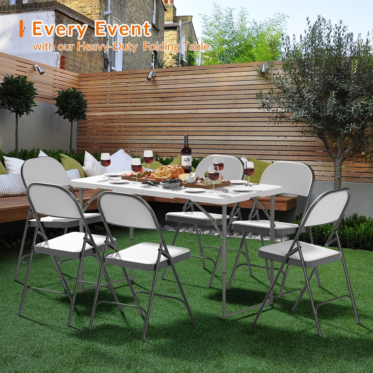Elevon Folding Table Set with 4 White Folding Chairs,4 Feet Heavy Duty Fold-in-Half Utility Table Sets for Picnic, Event, Training, Outdoor Activities, at Home and Commercial Use