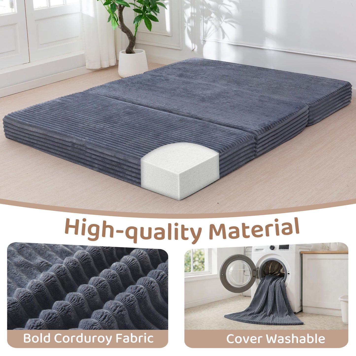 BYBYME Thick Corduroy Tri-Folding Mattress, 6 Inch Gel Folding Mattress Topper, Foldable Sofa Couch Soft Guest Bed Camping Pad, with Washable Covers (Dark Gray, Queen)