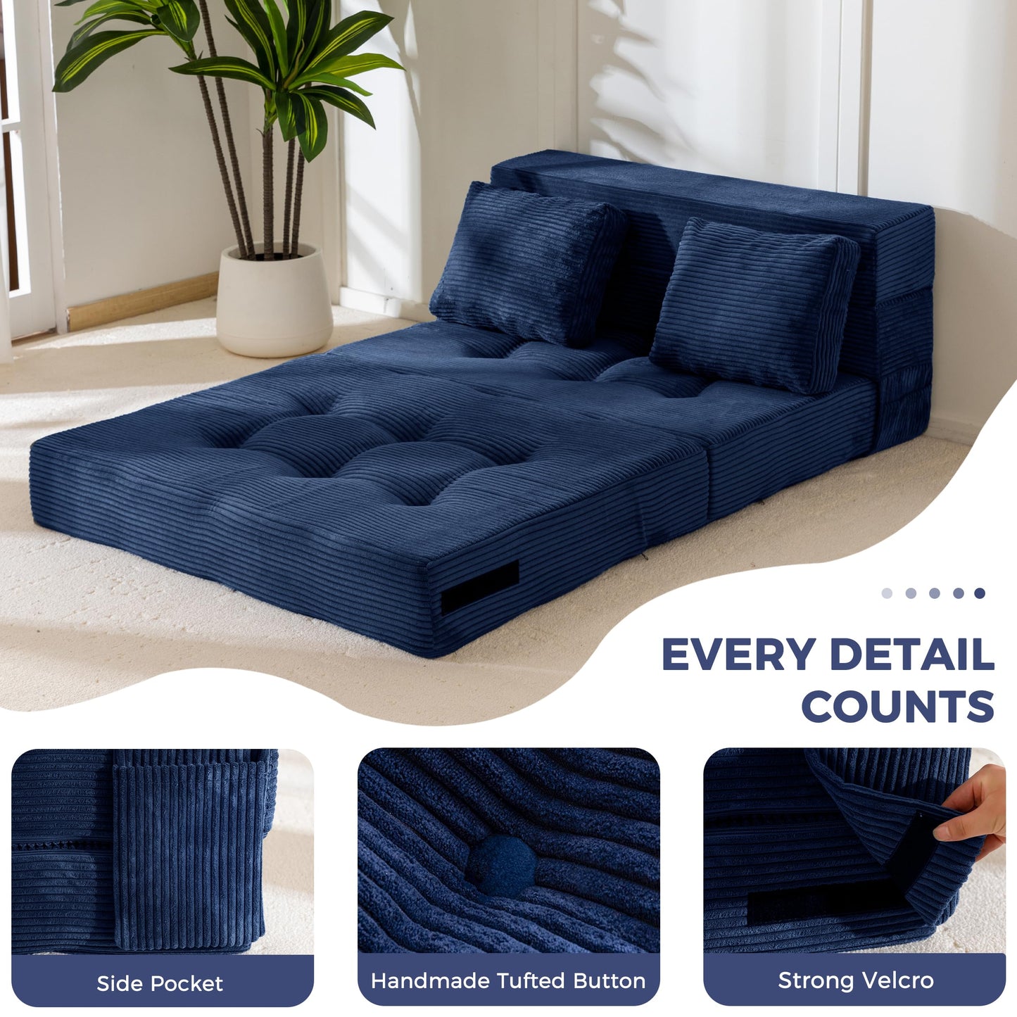 MAXYOYO Convertible Sofa Bed, Fold Out Loveseat Sleeper Sofa with Pillow, 4 in 1 Tufted Folding Couch Bed Foam Floor Couch, Lazy Chair for Living Room Bedroom Guest Room, Navy
