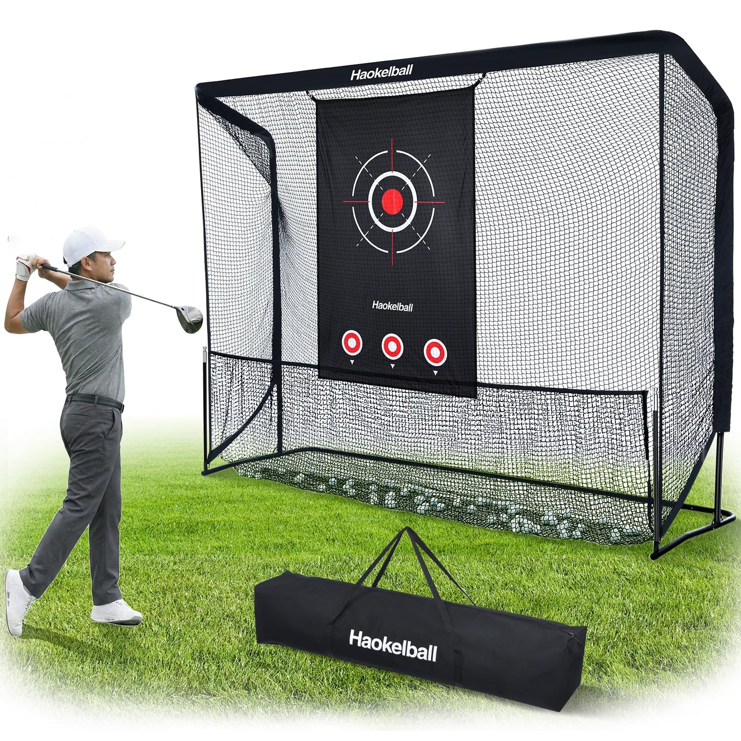 Haokelball Golf Hitting Net for Backyard, 10x8ft Driving Real Balls Practice Nets for Indoor Outdoor Use, Heavy Duty Netting with Side Barriers, Impact Target Cloth and Carry Bag