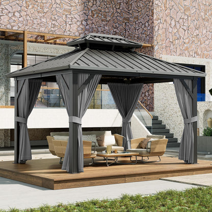 10x12 ft Hardtop Gazebo with Galvanized Steel Double Roof, Heavy Duty Galvanised Steel Hardtop Pavilion with Nettings and Curtains for Party, Wedding, Outdoor Dining, Patio, Backyard