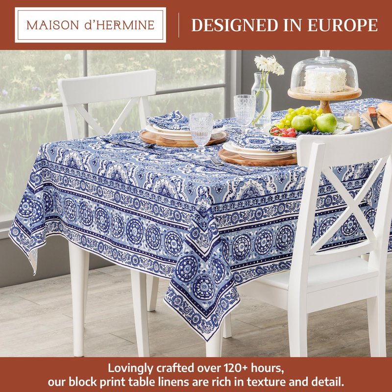 Maison d' Hermine Table Cloth Rectangle Table 100% Cotton 70 x 90 Inches Tablecloth Reusable Decorative for Dining Kitchen Room Farmhouse Home Gifts for Mothers Day Spring Summer - Melodie Bleue