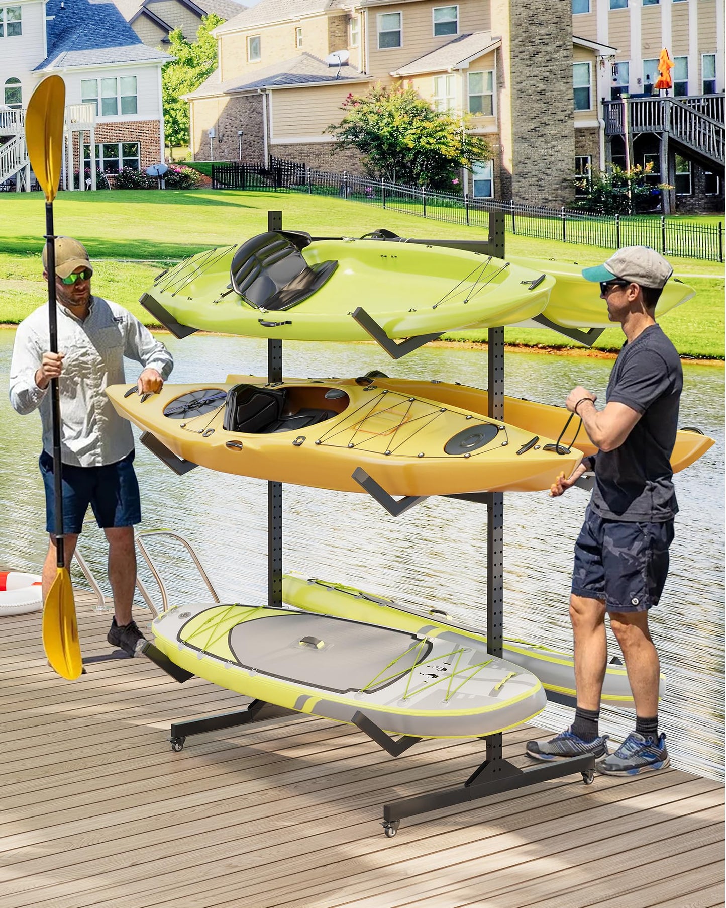ActiveTrail Freestanding Kayak Storage Rack for 6 Kayaks with Wheels, Heavy-Duty Steel Outdoor Kayak, Canoe & SUP Rack with Hanging Straps for Garage, Dock & Backyard