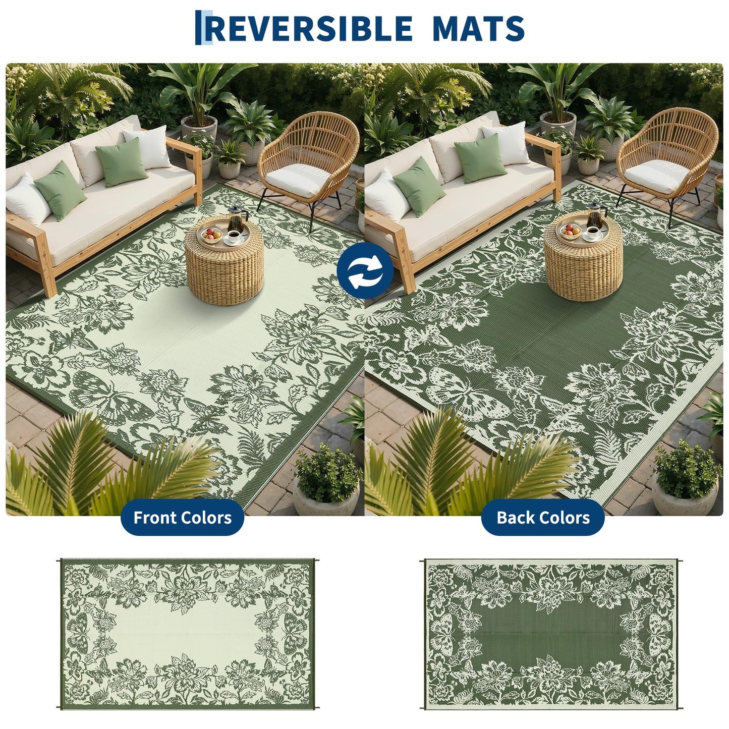 Garvee Outdoor Rugs 9' x 18’ Waterproof Reversible Mats, Large Area Plastic Straw Rug, Outside Carpet, Butterfly Floral Rv Mat for Patio Camping Picnic Backyard Deck Balcony Porch Beach Trailer