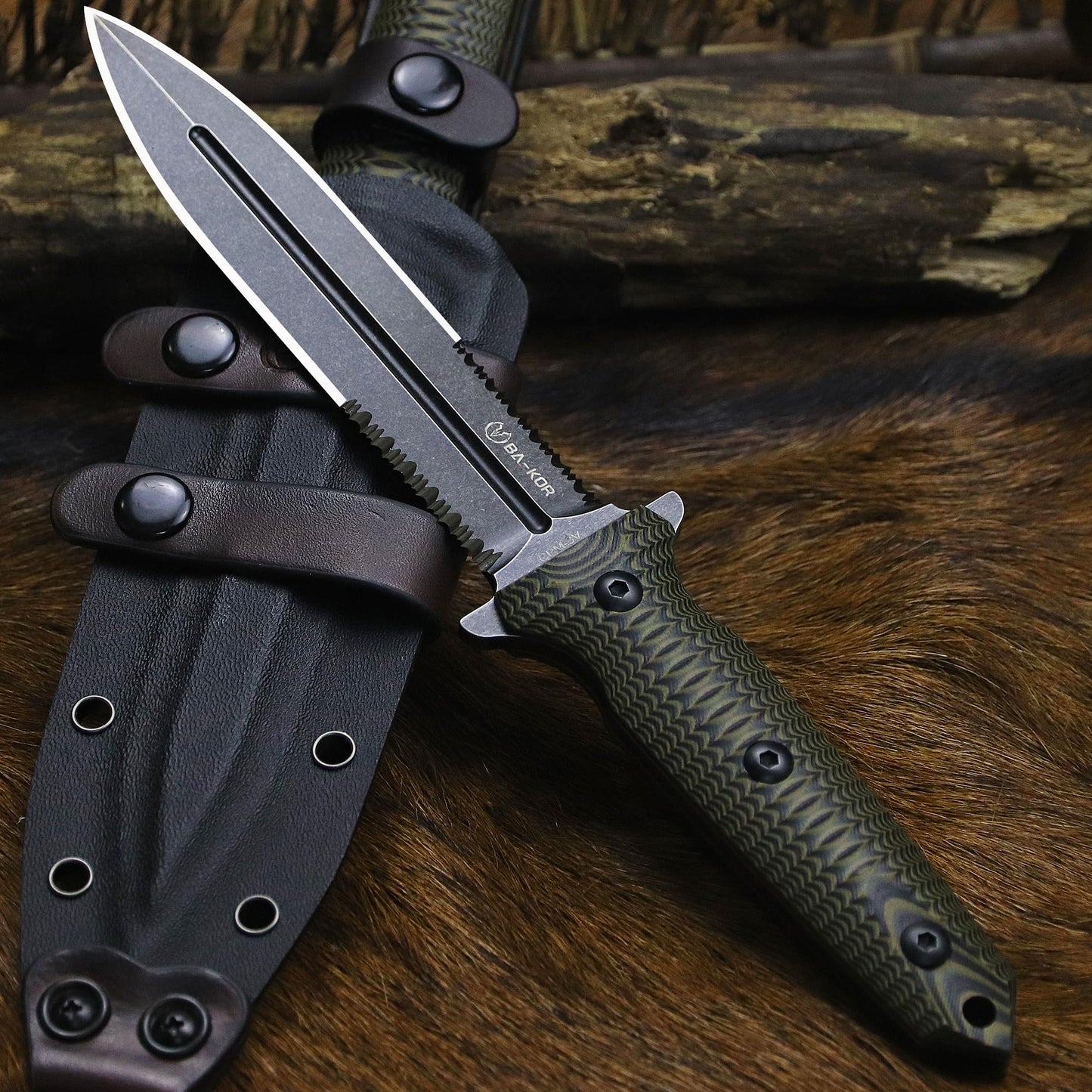 BA-KOR 11.4” Fixed Blade Hunting Knife, CPM 3V Steel Full Tang Survival Knife, 5mm Thick Stonewashed Dual Edge with Partial Serration, G10 Handle, Leather Kydex Sheath & 5.9” Fire Starter