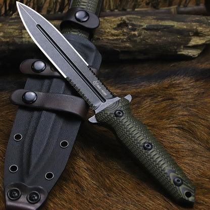 BA-KOR 11.4” Fixed Blade Hunting Knife, CPM 3V Steel Full Tang Survival Knife, 5mm Thick Stonewashed Dual Edge with Partial Serration, G10 Handle, Leather Kydex Sheath & 5.9” Fire Starter