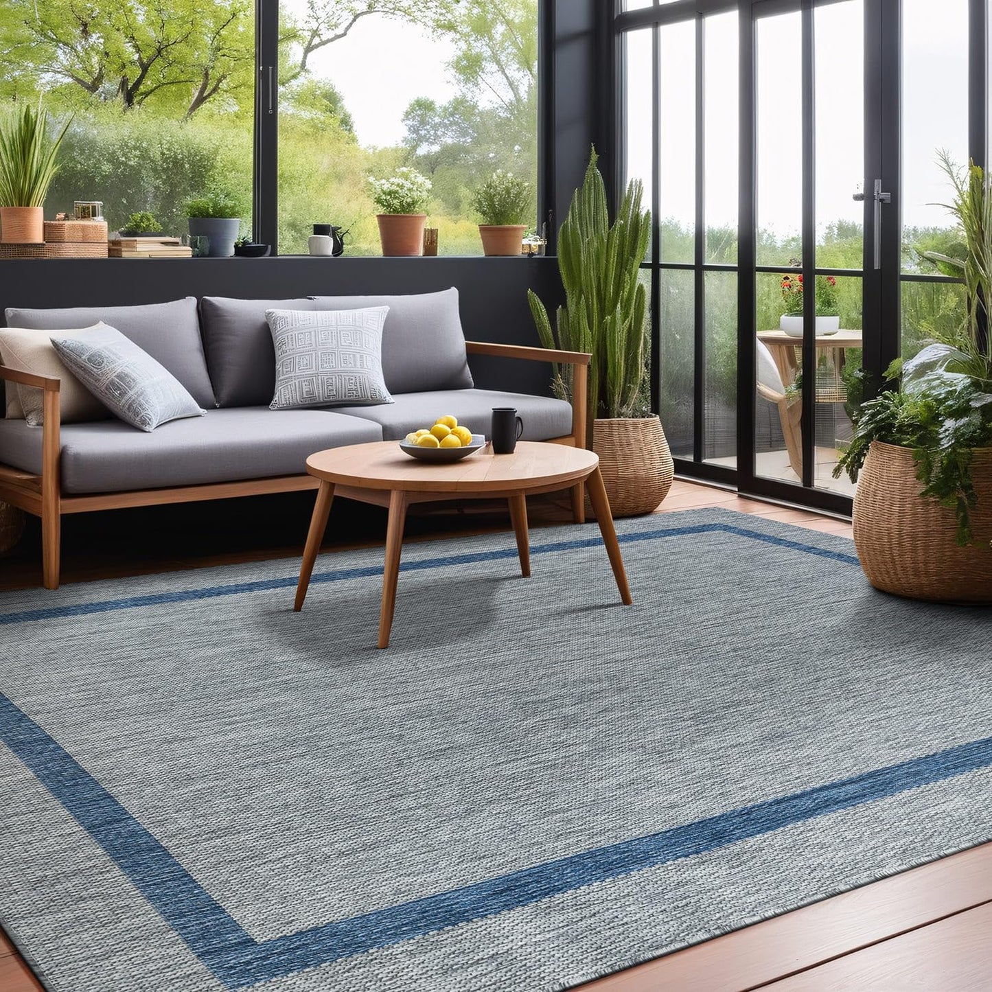 Luul Home Bordered Outdoor Rug 9x12 Washable Outside Carpet for Indoor Patio Porch Waterproof Easy Cleaning Non Shedding Area Rugs Silver Gray - Blue 9 x 12
