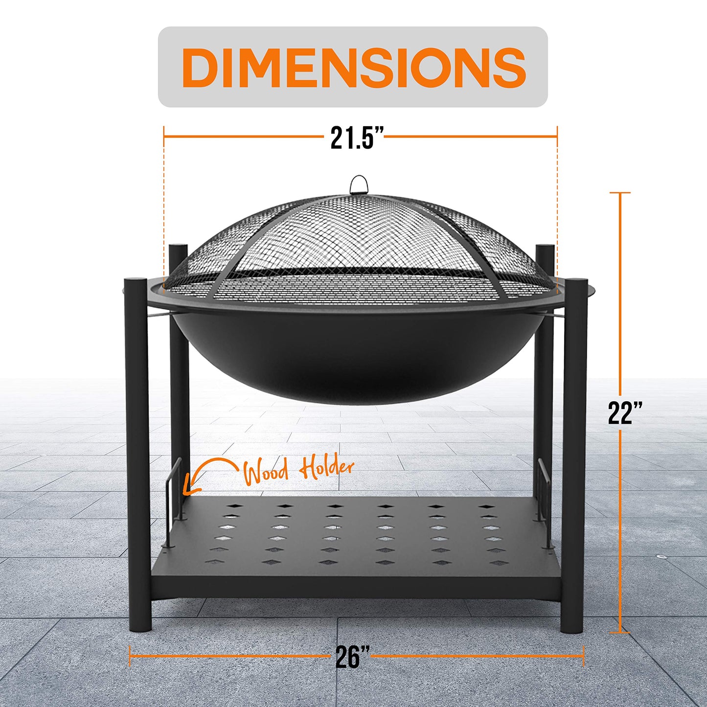 SereneLife Portable Outdoor 2-in-1 Steel BBQ Grill 26" Wood Burning Fire Pit Bowl w/ Mesh Spark Screen, Cover Log Grate, Fire Poker for Camping, Picnic, Bonfire SLCARFP54.5