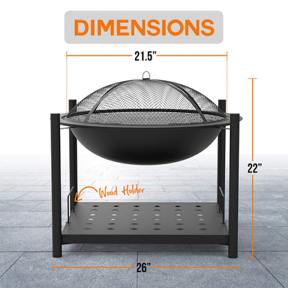 SereneLife Portable Outdoor 2-in-1 Steel BBQ Grill 26" Wood Burning Fire Pit Bowl w/ Mesh Spark Screen, Cover Log Grate, Fire Poker for Camping, Picnic, Bonfire SLCARFP54.5