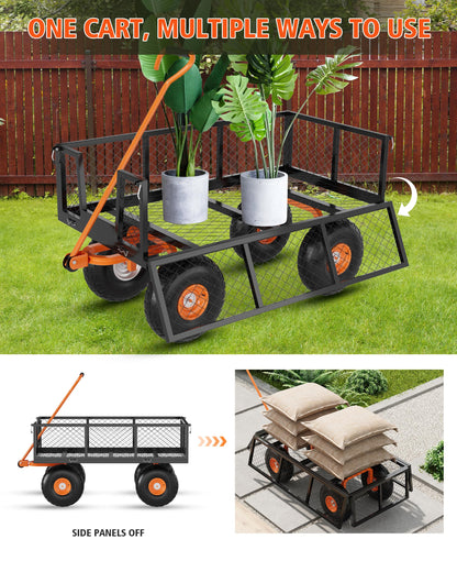 Garvee Steel Garden Cart, 500 LBS Capacity Utility Outdoor Wagon, Heavy Duty Mesh Garden Metal Wagon with Removable Sides, Flexible Handle and 10" Tires for Yard, Lawn, Garden