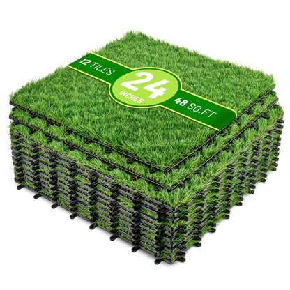 Sorbus 48Sq. Ft. Artificial Grass Tiles – Interlocking 24"x24" Fake Grass Mats for Balcony, Patio, Deck Flooring, Pets & Dog Pee Pad – Self-Draining Turf Squares with 8-Buckle System for Outdoor Decor
