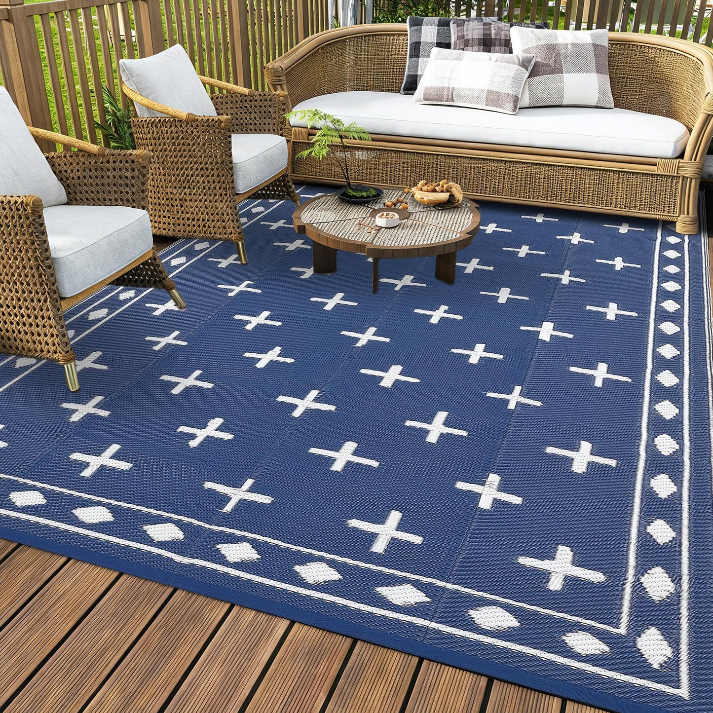 Garvee Large 9x18 Outdoor Area Rug, Waterproof Plastic Straw Mat with Framed Geometric Design for RV Awning, Patio, Deck, Garden, Camping, Beach and Backyard,Dark Blue