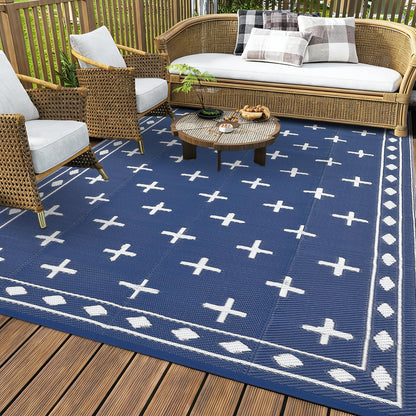 Garvee Large 9x18 Outdoor Area Rug, Waterproof Plastic Straw Mat with Framed Geometric Design for RV Awning, Patio, Deck, Garden, Camping, Beach and Backyard,Dark Blue