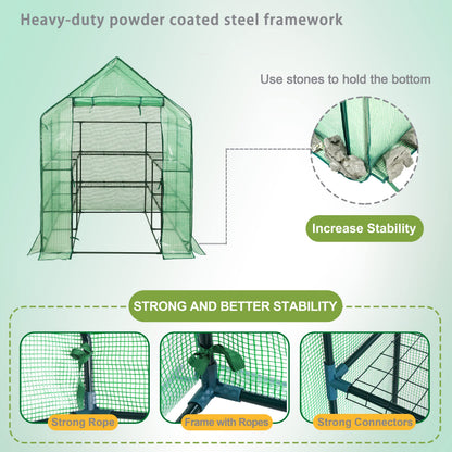 SUNGIFT Walk-in Greenhouse for Outdoors, 57x61x80 Inch Large Greenhouse, 3 Tiers 10 Shelves Mini Green House Kit with Observation Windows Roll-up Door Zipper, Plant Garden Hot House for Herbs, Flowers