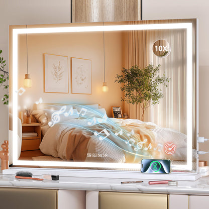 Hasipu Vanity Mirror with Lights and Bluetooth Speaker, 40" x 29.5" LED Makeup Mirror, Lighted Makeup Mirror with Dimmable 3 Modes, USB Charging Port, Square White