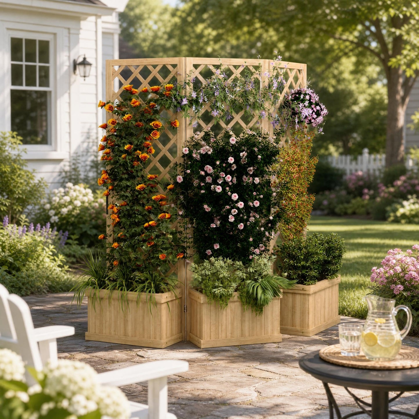 Wooden Planter Box Privacy Screen, Freestanding Cedar Outdoor Privacy Fence with Built-in Planters, Folding Patio Divider Panel with Drainage for Backyard, Balcony, Deck and Garden, Decorative Fences