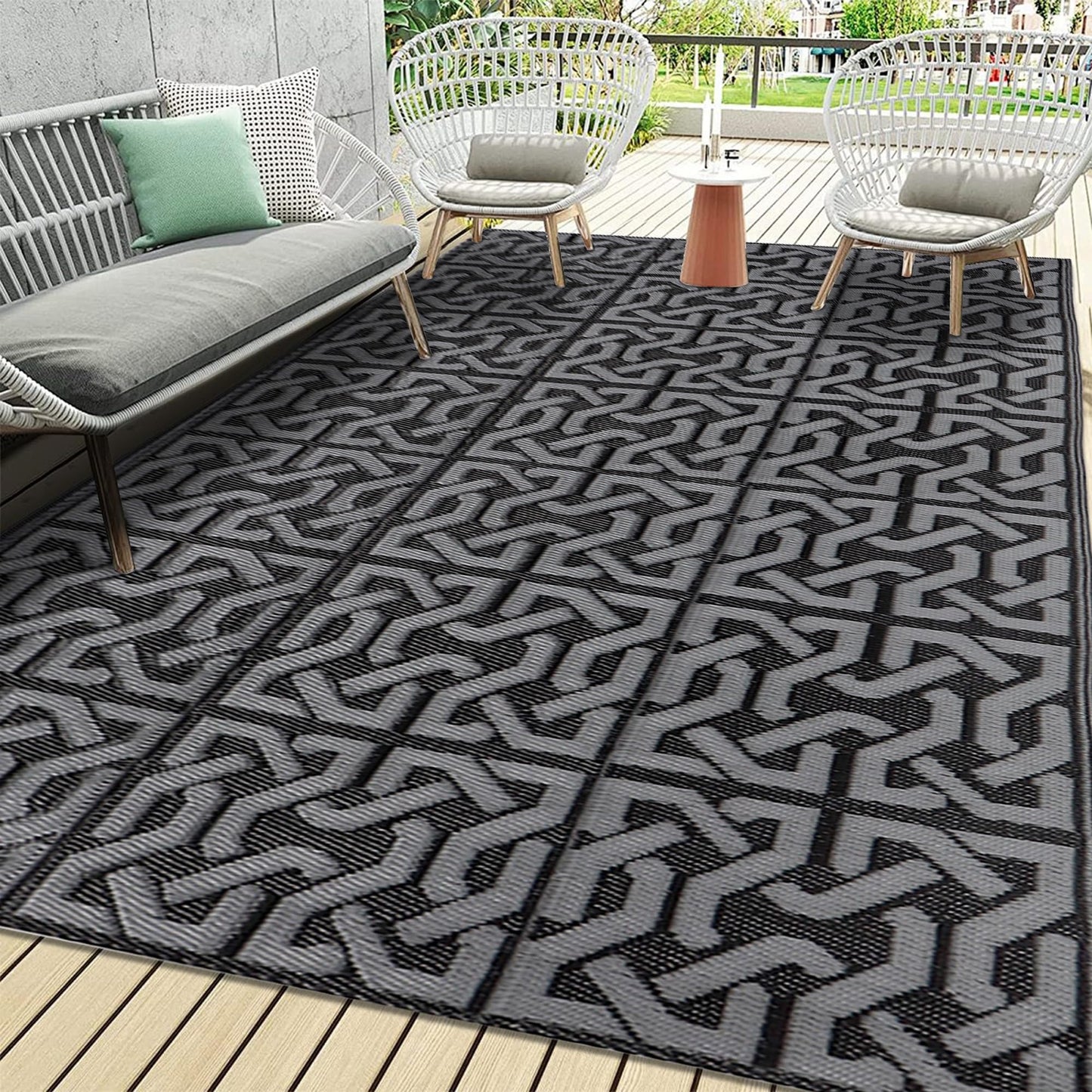 SAND MINE Reversible Mats, Plastic Straw Rug, Modern Area Rug, Large Floor Mat Rug for Outdoors, RV, Patio, Backyard, Deck, Picnic, Beach, Trailer, Camping (9' x 18', Black & Grey)