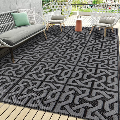 SAND MINE Reversible Mats, Plastic Straw Rug, Modern Area Rug, Large Floor Mat Rug for Outdoors, RV, Patio, Backyard, Deck, Picnic, Beach, Trailer, Camping (9' x 18', Black & Grey)