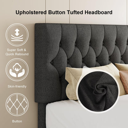 Feonase Full Size Platform Bed Frame with Button Tufted Headboard, Upholstered Linen Bed with Wooden Slats Support, No Box Spring Needed, Easy Assembly, Noise-Free, Dark Grey