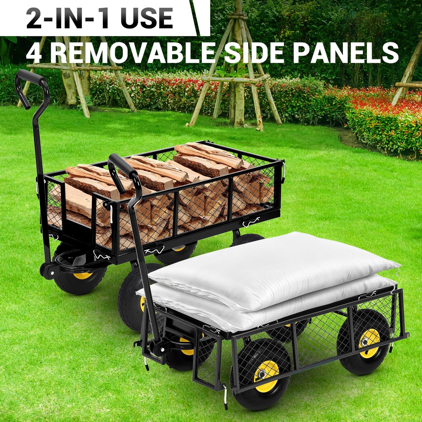 Steel Garden Cart 500 LBS with 10" Tires, Heavy Duty Garden Wagon Cart with 180° Rotating Handle and Removable Sides, Metal Wagon for Farm, Yard, Lawn, Black