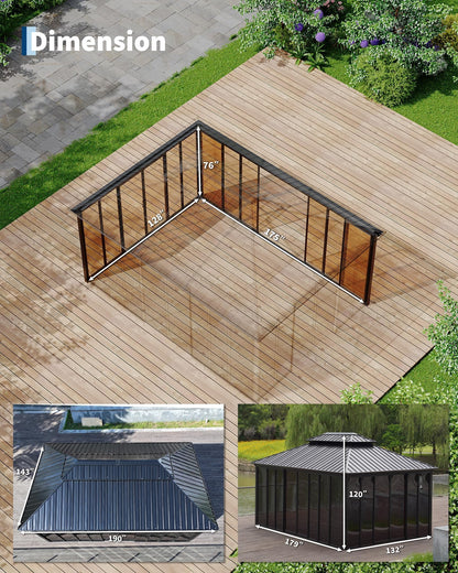 12x16ft Heavy Duty Outdoor Pavilion with Metal Frame, Permanent Solarium Sunroom Kit with PC Windows, Fully Sealed Screen Houses for Backyard, for Patio Winter Garden