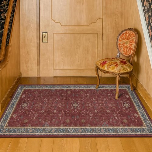 Hazo Haus Burgundy Washable Entry Rug - Non-Slip Low Pile, Stain & Fade Resistant | Modern Floral Design