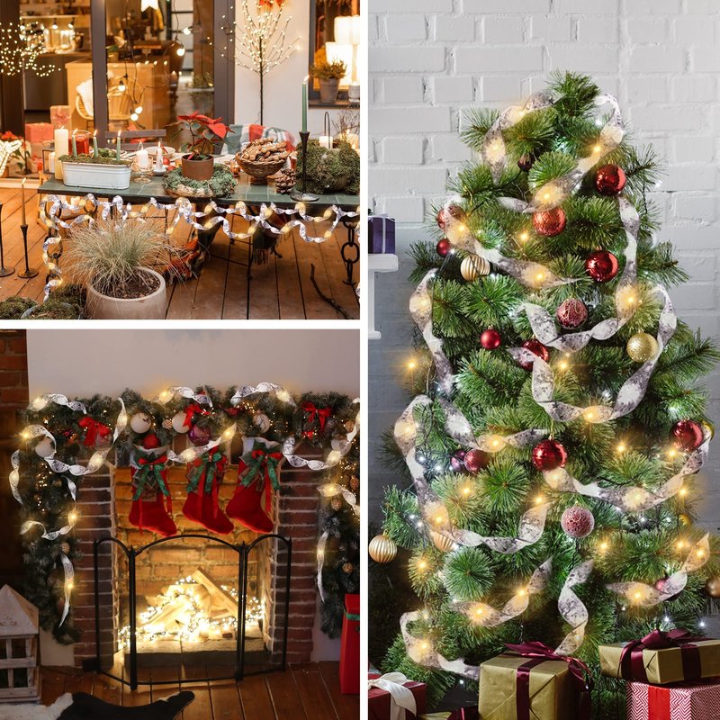 Minetom Christmas Tree Ribbon String Lights - 33ft 100 LED Battery Powered Fairy Lights with Timer