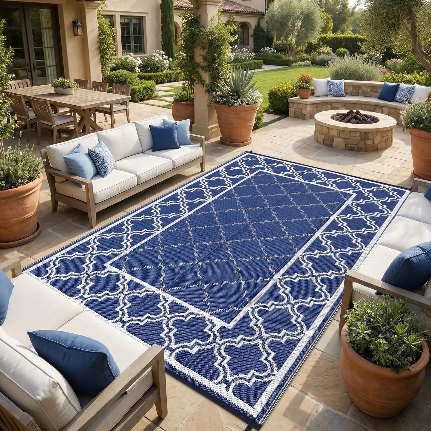 Garvee Reversible Outdoor Rug 10x14, Waterproof Outdoor Plastic Straw Rug with Interlacing Pattern, RV Mat for Picnics, Patio, Camping, Balcony, Deck, Backyard, Porch, Blue