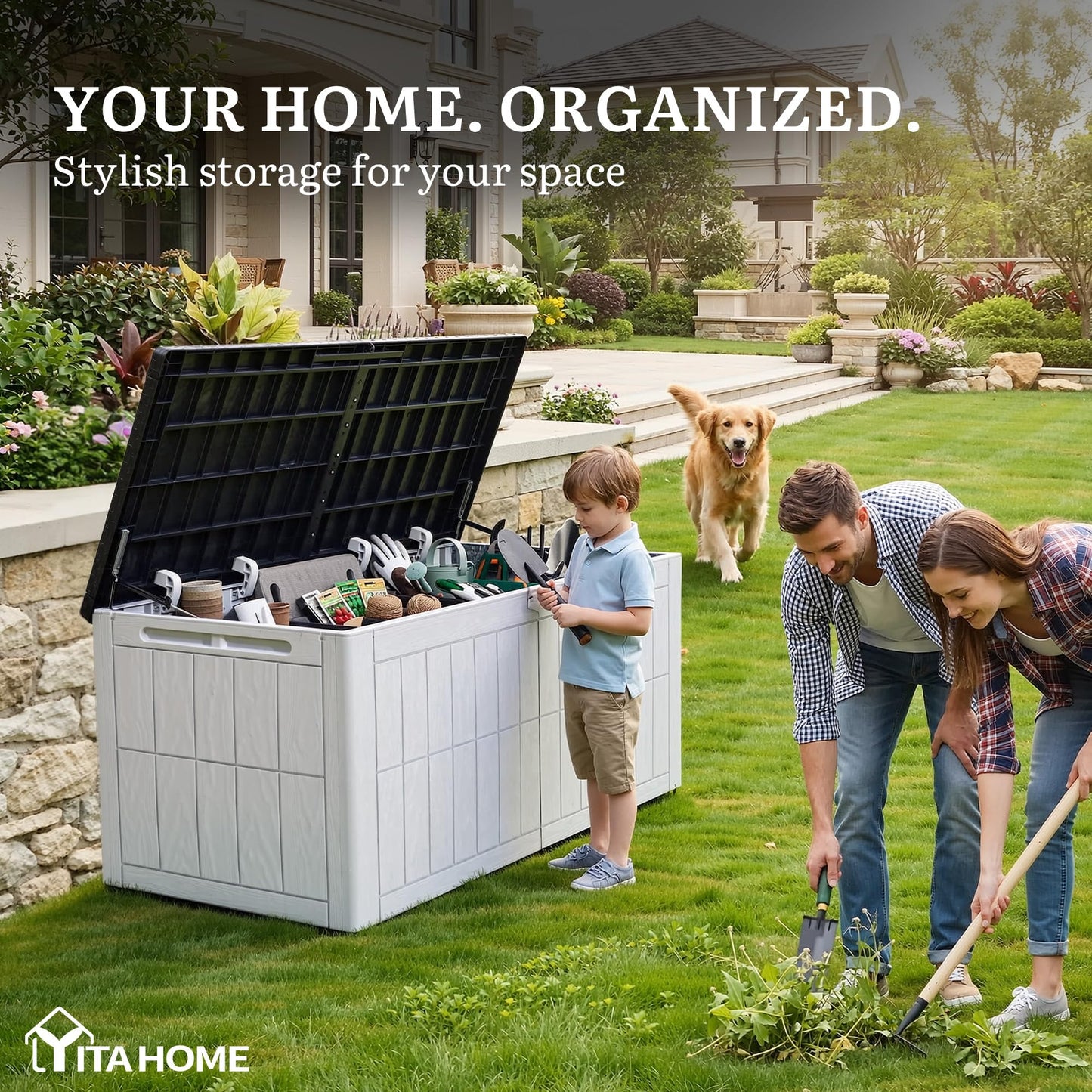 YITAHOME 134 Gallon Large Outdoor Storage Box with Lock, Waterproof Resin Deck Box w/Hydraulic Piston for Garden Tools, Pool Accessories & Cushions(Black & Grayish-White)