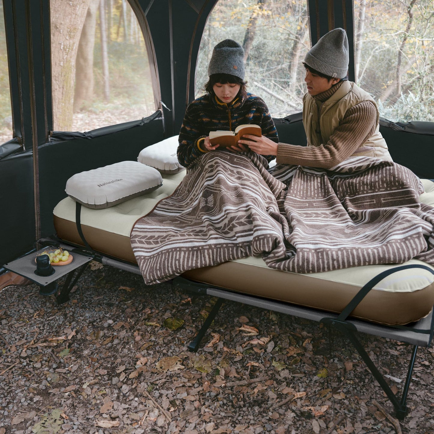 Naturehike Queen-Sized Airbed Cot Combo, Folding 2 Person Camping Cot with Air Mattress, Side Table and Wheeled Carry Bag, Camping Bed for Outdoor Camp Guests (Pump Not Included)