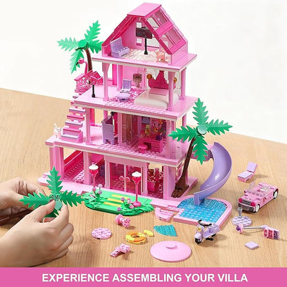 Girls House Building Sets Compatible with Lego Friends for Girls Age 8-12 4-Story Pink Villa Building Blocks Toys with Pull-Out Floors 903 Pieces Great Birthday Gift for Girls 8-14
