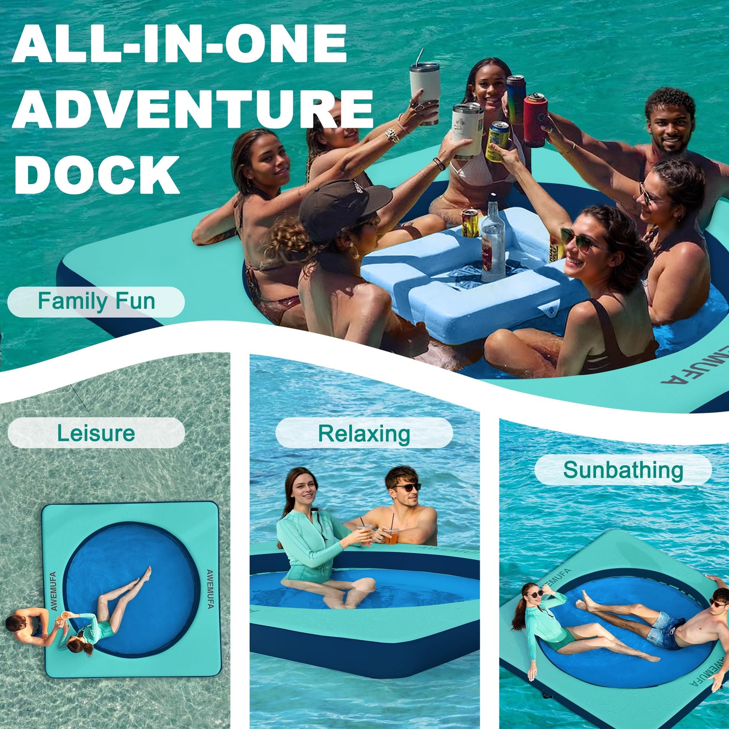 AWEMUFA 8ft x 8ft Inflatable Floating Dock Platform with Mesh, Floating Island Raft Lake Pool Inflatable Water Hammock Swim Air Platform, Floating Water Mat Island Floats for Adults Travel Floats