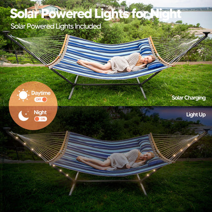 SUNCREAT Double Hammock with 12 ft Stand, Solar Powered Lights Included, Outdoor Hammock for Outside, Blue & White