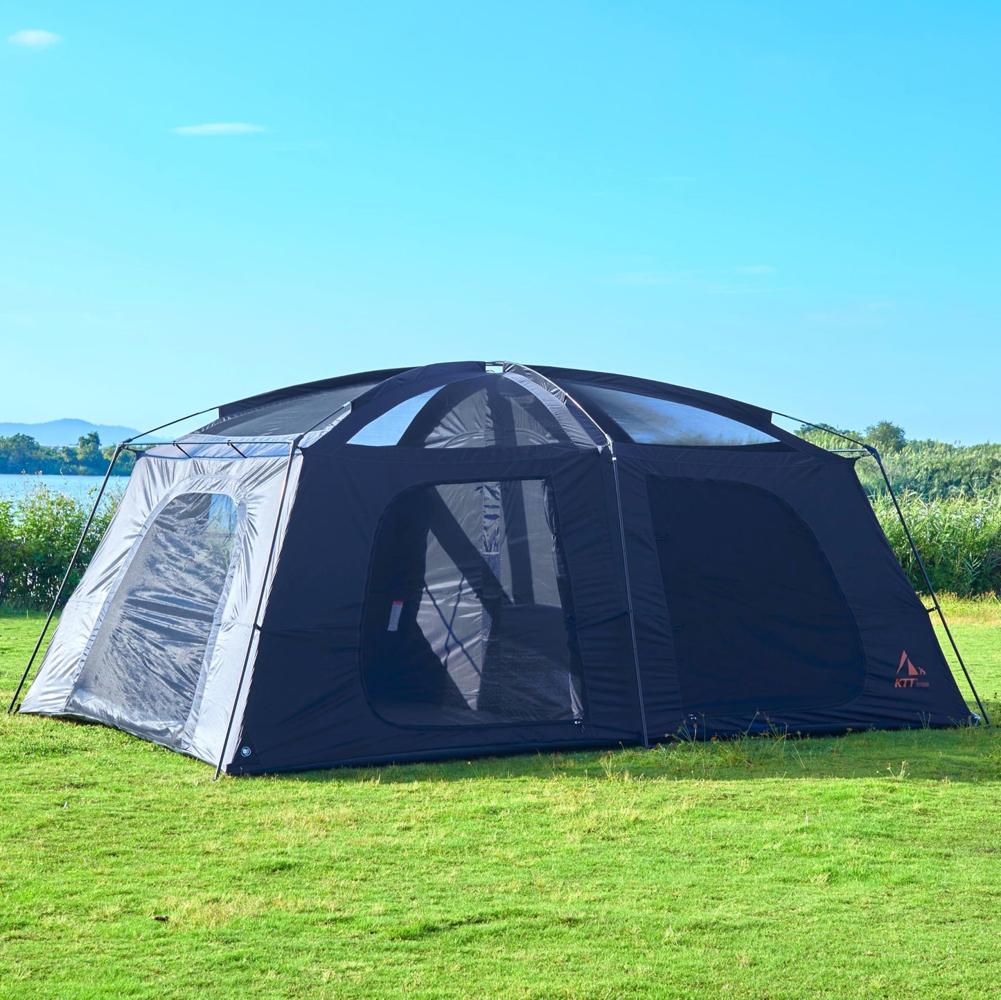 KTT Extra Large Tent 12-14 Person,Family Cabin Tents,2 Rooms,Straight Wall,2 Doors 4 Windows with Mesh,Waterproof,Straight Wall,Big Tent for Outdoor,Picnic,Camping,Gathering(Black)