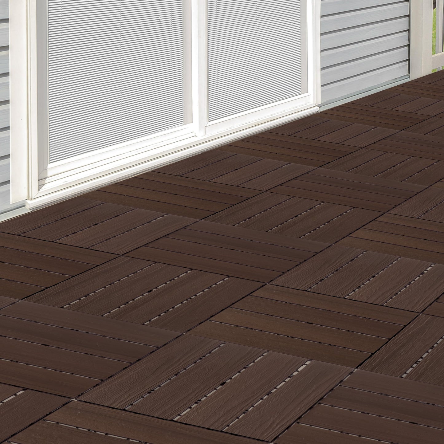 Interlocking Deck Tiles - 30-Pack 11.6-in Wood Plastic Composite All-Weather Outdoor Flooring Balcony Poolside or Patio by Pure Garden (Mocha Brown Woodgrain)