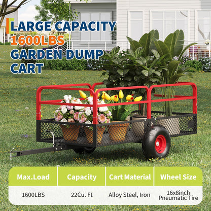 GarveeLife ATV UTV Trailer Tow Behind Dump Cart, 1600 lbs 22 Cubic Feet Heavy Duty Yard Garden Trailer Pull Behind with Removable Sides & All Terrain Tires, Fits Lawn Mower, Tractor, Garden