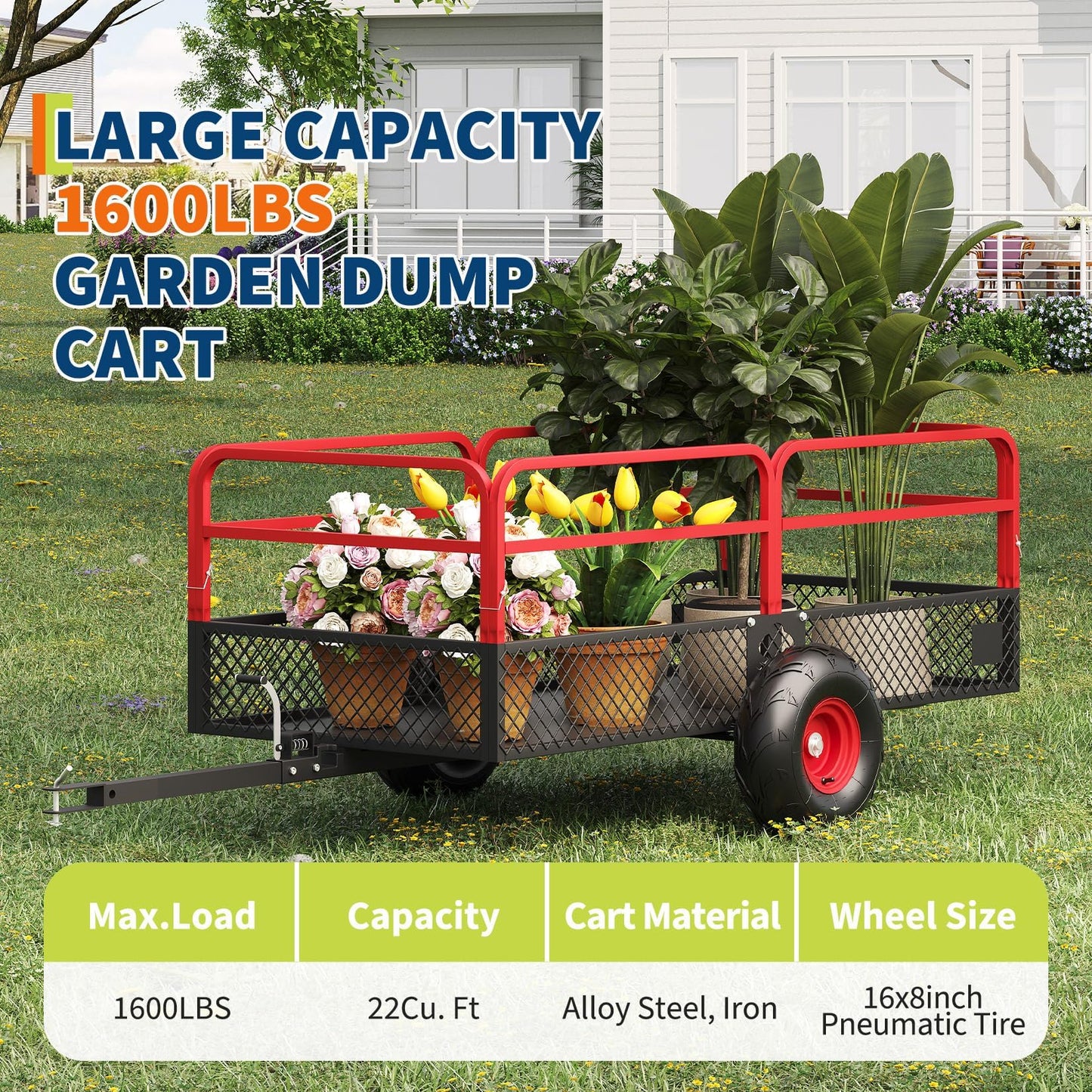 GarveeLife ATV UTV Trailer Tow Behind Dump Cart, 1600 lbs 22 Cubic Feet Heavy Duty Yard Garden Trailer Pull Behind with Removable Sides & All Terrain Tires, Fits Lawn Mower, Tractor, Garden