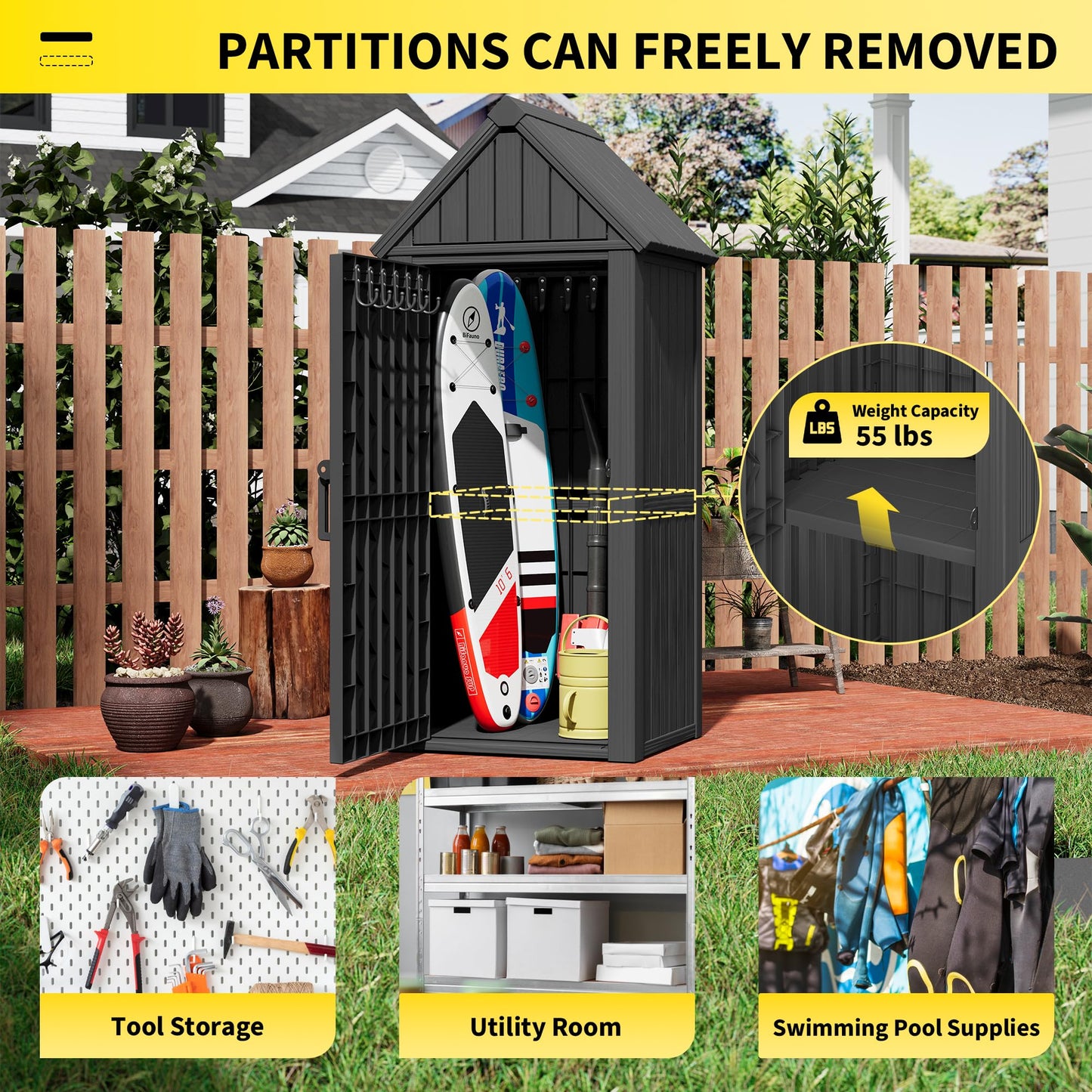 Fancyango Outdoor Resin Storage Cabinet Sturdy All-Weather Shed with Removable Shelves Lock Ring & Reinforced Floor – for Garden Patio Lawn (Black1)