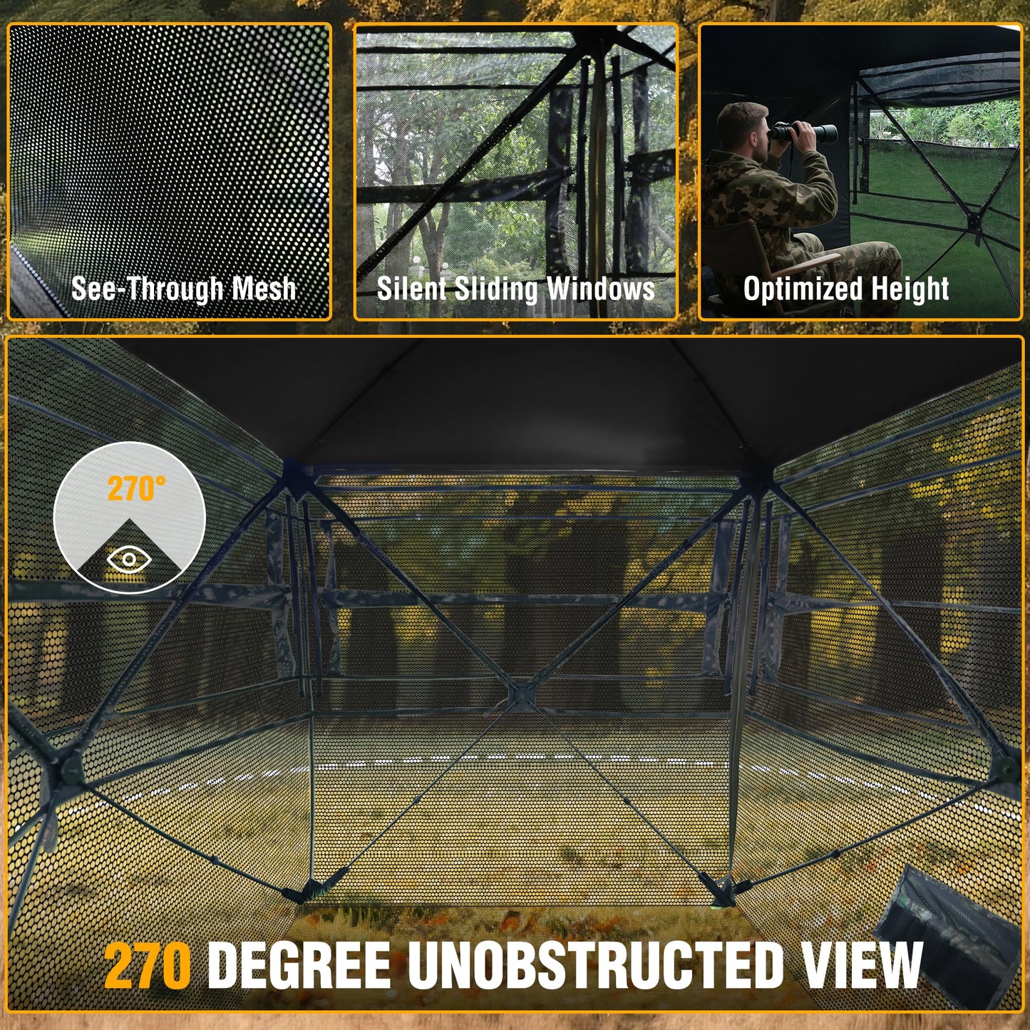 FLISSA Hunting Blind See-Through with Full-Opening Door, 2-3 Person Ground Camouflage Tent, 270 Degree, Portable and Durable 300D Reinforced Blind for Turkey, Deer, and Bear