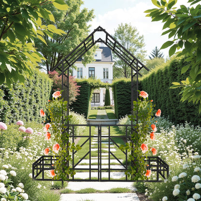 Metal Garden Arbor Arch with Gate and Plant Box, 97“ H Garden Trellis Wedding Arch Party Decoration for Outdoor Lawn Climbing Plants Support Roses Vines (Black Line)