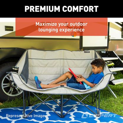 Lippert Campfire Folding Loveseat with 500-lb. Weight Capacity, Carry Bag, Durable Mesh Fabrics, High-Loft Cushioning, Storage Pocket, Dual Cupholders, Stemmed Wine Glass Holder (Grey) - 2021000206