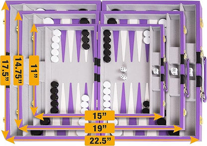 Premium Backgammon 15 Inches Medium Purple - Backgammon Sets for Adults and Kids - Leatherette Back Gammon Board Game Set - Travel Backgammon Set Board Encased with Accessories