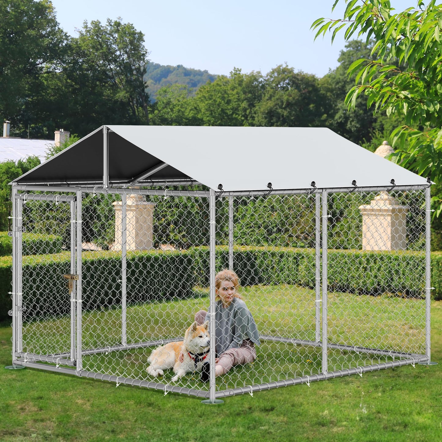 YITAHOME Outdoor Dog Enclosure with Metal Dog Gate, 7.5'x7.5' Dog Kennel Outside with Roof, Dog Fence Outdoor for Yard