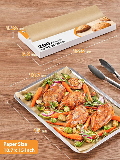 SMARTAKE 200 Pcs Pop-Up Parchment Paper Sheets, 10.7x15 Inch Pre-Cut Parchment Paper for Baking, Non-Stick Greaseproof Baking Paper for Grilling Wrapping Air Frying, Compact Volume, Unbleached