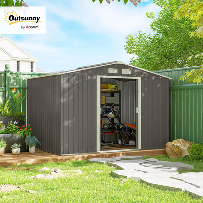 Outsunny 9' x 6' Outdoor Storage Shed, Garden Tool Metal Shed with Foundation Kit, Double Lockable Door, Air Vents and Sloping Roof, for Backyard, Patio, Lawn, Light Gray