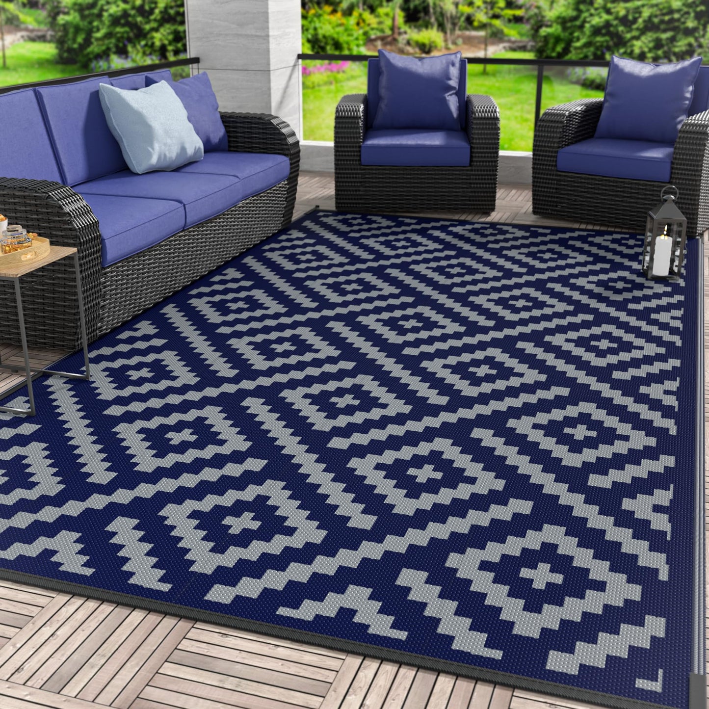 GENIMO Outdoor Rug for Patio Clearance, 10'x14' Waterproof Camping Mat, Reversible Plastic Straw Rugs for RV, Camper, Balcony, Backyard, Picnic, Deck (Blue & Grey)