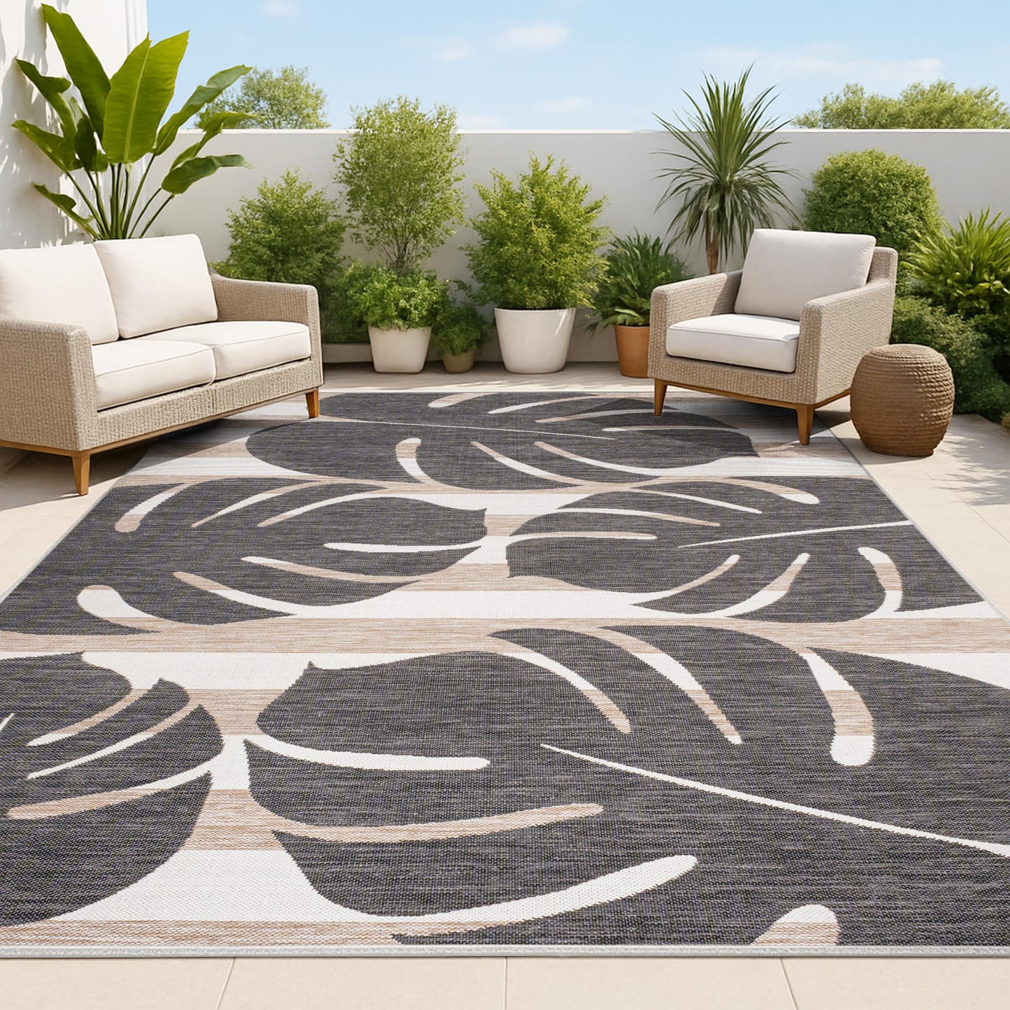 JONATHAN Y Beach Stripe and Monstera Leaf Indoor Outdoor Area Rug 8X10 Black/Beige, Allison Classic for Backyard, Patio, Porch, Easy-Cleaning, High Traffic, Pet-Friendly, Non-Shedding (TSN400A-8)