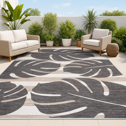 JONATHAN Y Beach Stripe and Monstera Leaf Indoor Outdoor Area Rug 8X10 Black/Beige, Allison Classic for Backyard, Patio, Porch, Easy-Cleaning, High Traffic, Pet-Friendly, Non-Shedding (TSN400A-8)